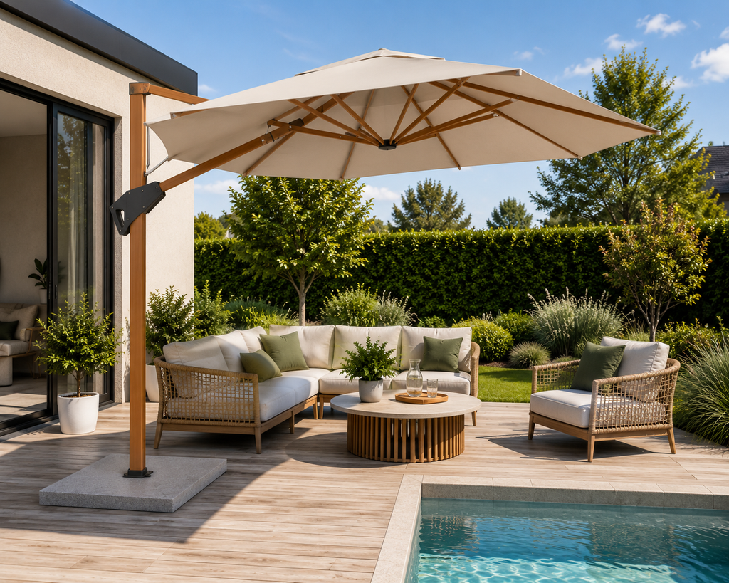 Parasol ogrodowy 2,5m x 2,5m beżowy z marmurową podstawą