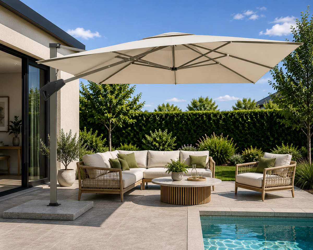 Parasol ogrodowy 4m x 3m szampański z marmurową podstawą