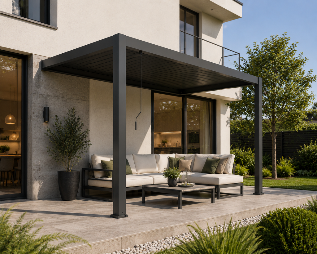 Pergola Ogrodowa przyścienna BASE 4 x 3 m antracytowa z elektryczną regulacją lameli