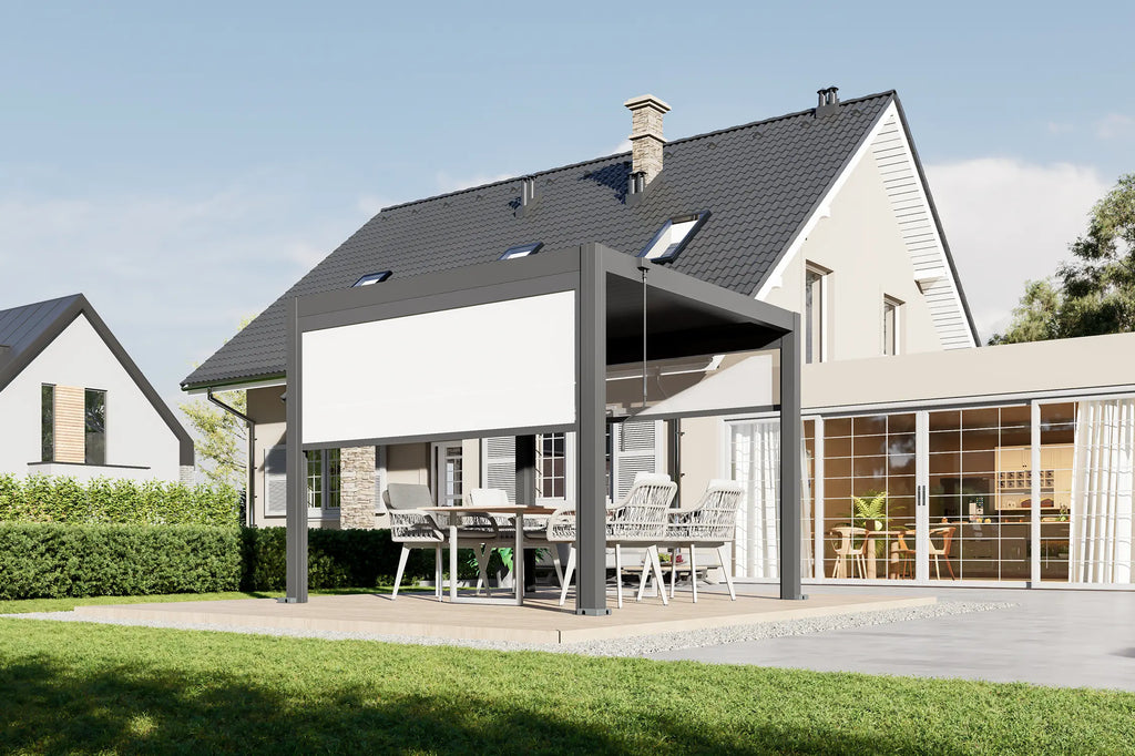 Pergola ogrodowa BASE 3 x 3 m antracytowa z manualną regulacją lameli oraz roletami
