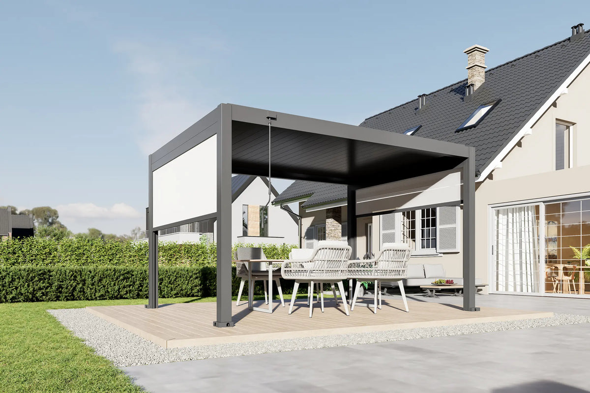 Pergola ogrodowa BASE 4 x 3 m antracytowa z manualną regulacją lameli oraz roletami