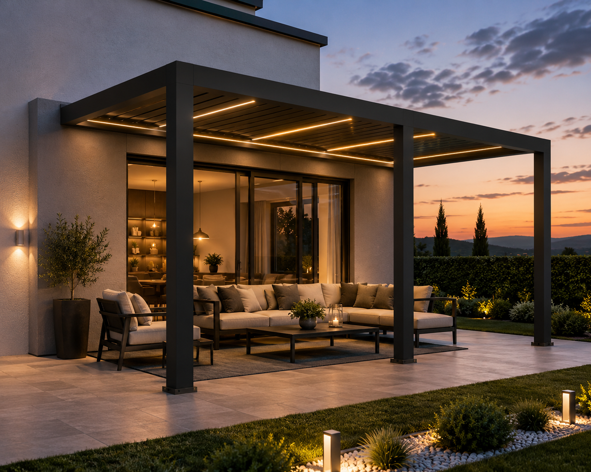 Pergola ogrodowa przyścienna LUX 4 x 3 m antracytowa z elektryczną regulacją lameli