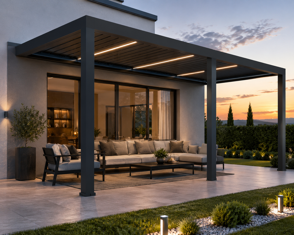 LUX 4 x 6m anthracite wall-mounted garden pergola with electric louver adjustment